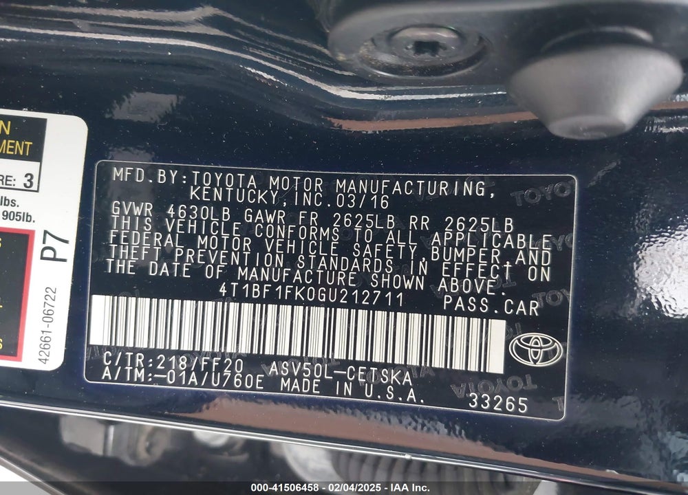 2016 TOYOTA CAMRY VIN: 4T1BF1FK0GU212711