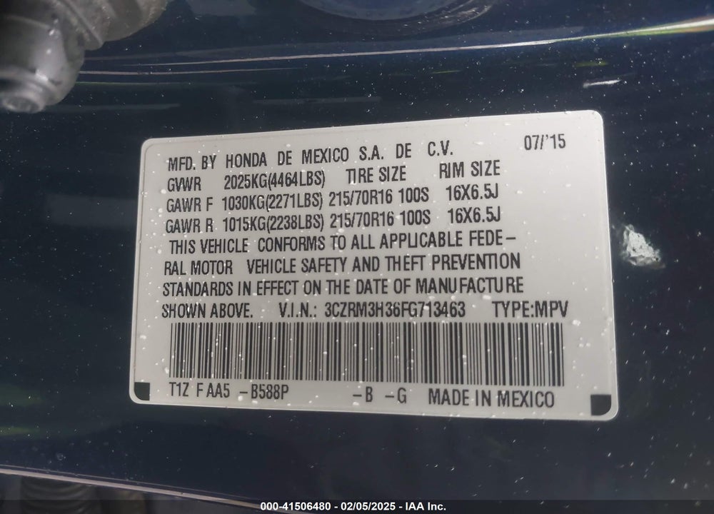 2015 HONDA CR-V LX VIN: 3CZRM3H36FG713463