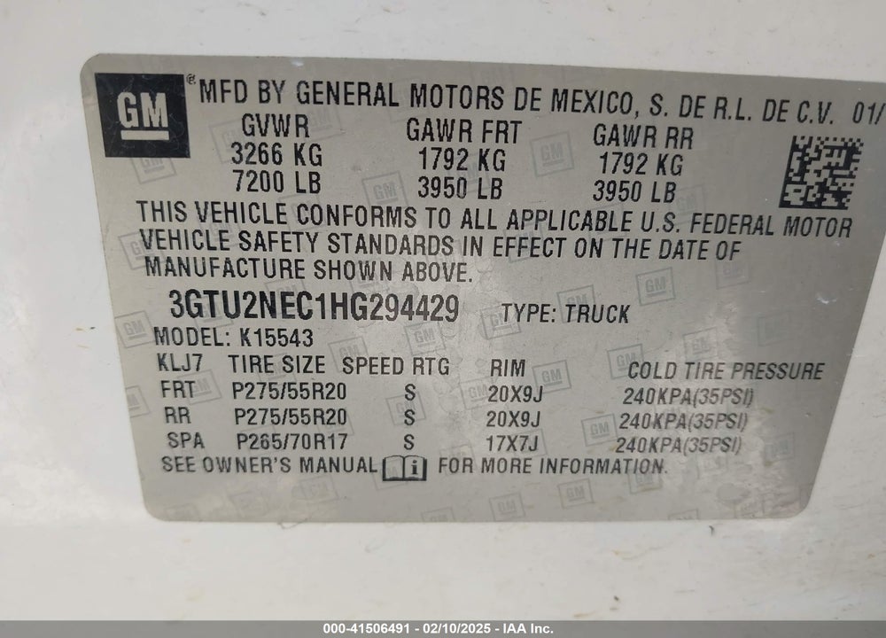 2017 GMC SIERRA 1500 VIN: 3GTU2NEC1HG294429