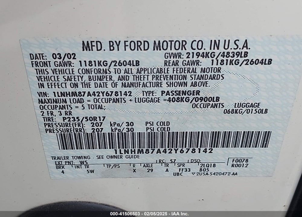 2002 LINCOLN LS V8 AUTO VIN: 1LNHM87A42Y678142