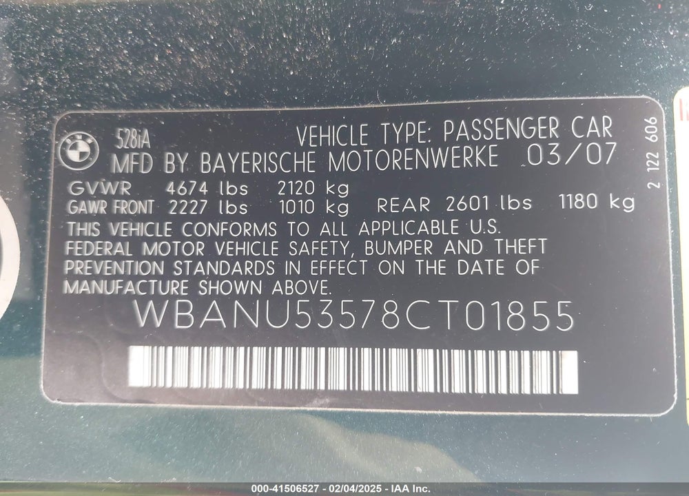 2008 BMW 528I VIN: WBANU53578CT01855