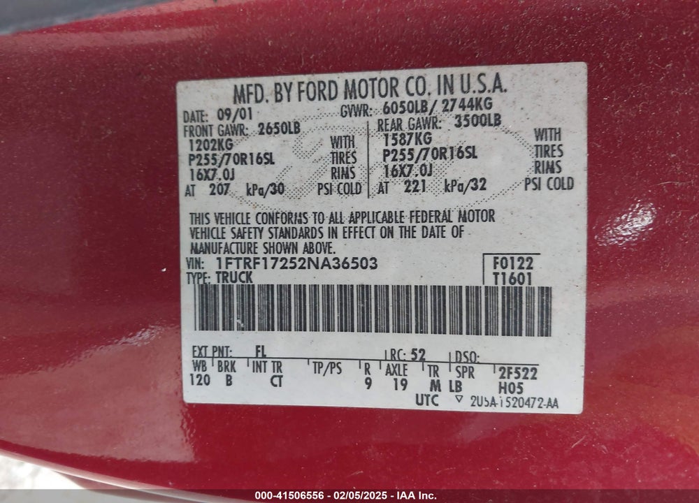 2002 FORD F-150 XL/XLT VIN: 1FTRF17252NA36503