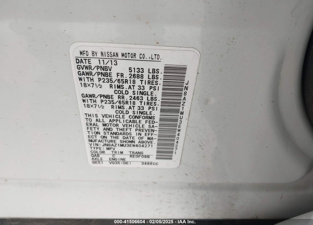 2014 NISSAN MURANO S VIN: JN8AZ1MU3EW404271