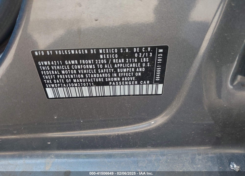 2013 VOLKSWAGEN JETTA VIN: 3VWDP7AJ3DM270711
