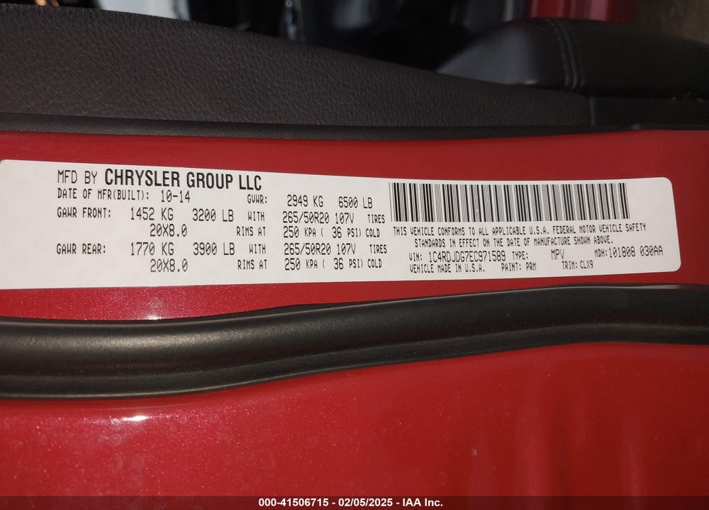 2014 DODGE DURANGO VIN: 1C4RDJDG7EC971589