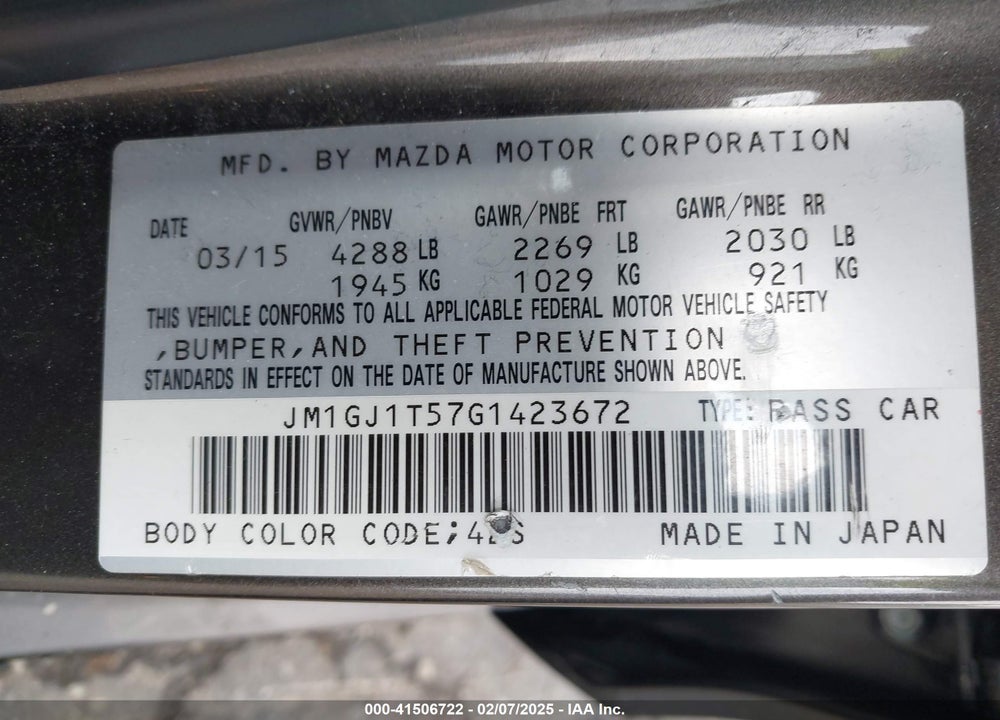 2016 MAZDA MAZDA6 VIN: JM1GJ1T57G1423672