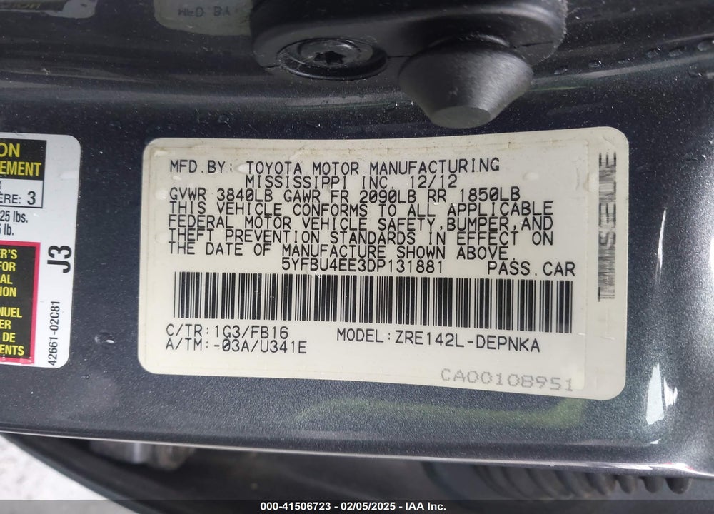 2013 TOYOTA COROLLA VIN: 5YFBU4EE3DP131881