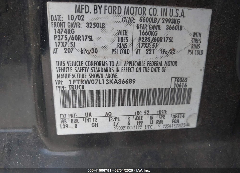 2003 FORD F-150 LARIAT/XLT VIN: 1FTRW07L13KA86689
