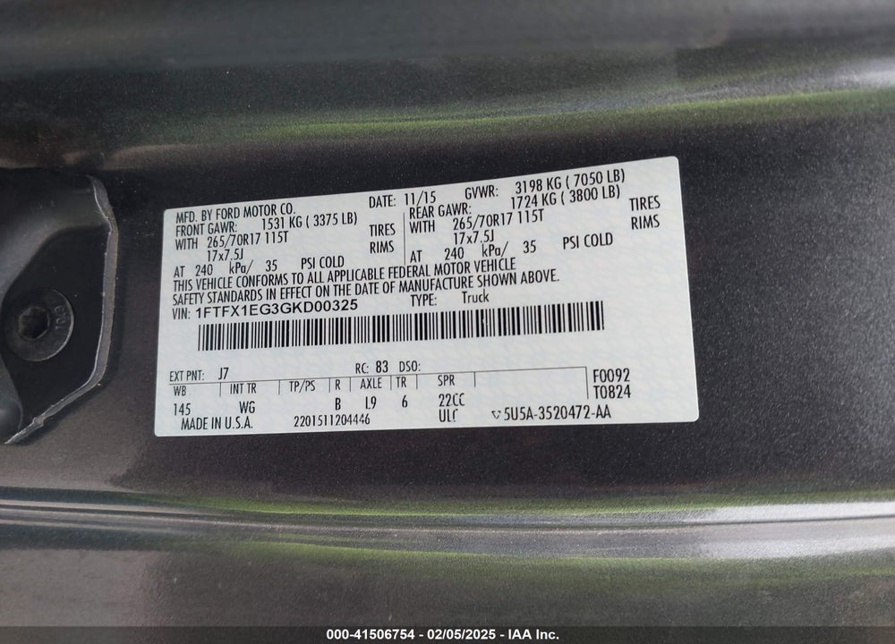 2016 FORD F-150 VIN: 1FTFX1EG3GKD00325