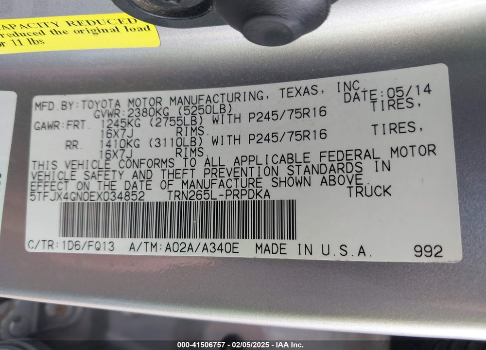 2014 TOYOTA TACOMA VIN: 5TFJX4GN0EX034852