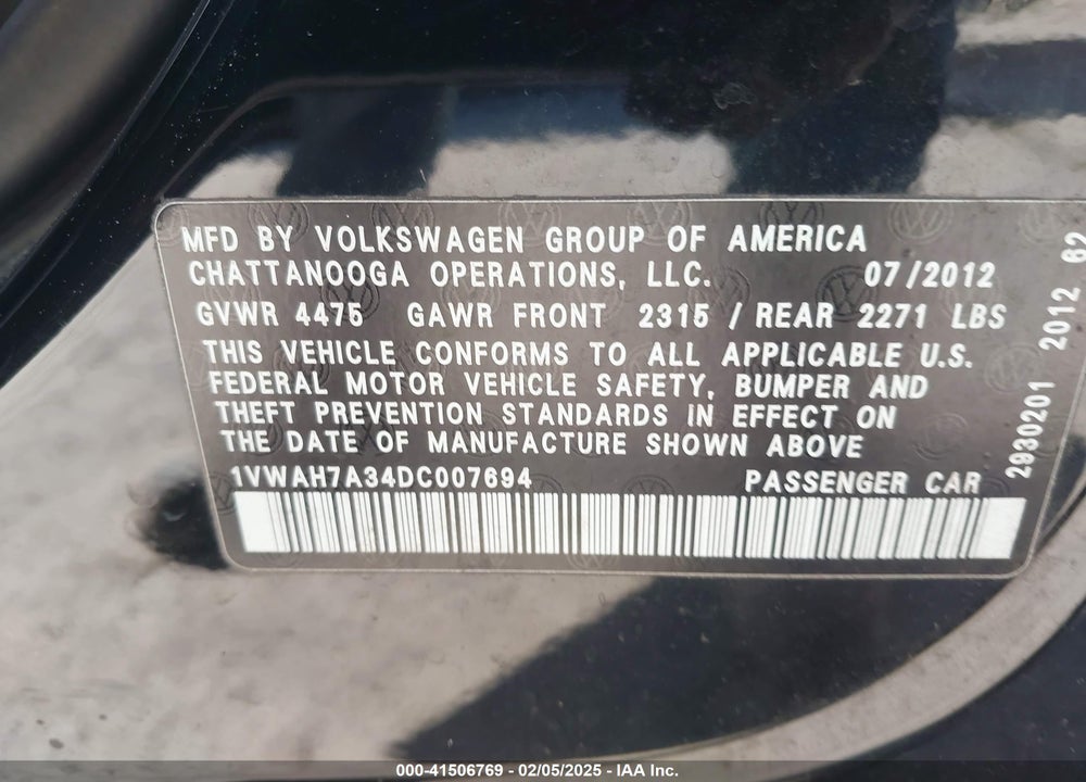 2013 VOLKSWAGEN PASSAT VIN: 1VWAH7A34DC007694