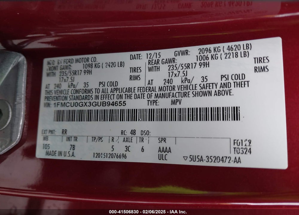 2016 FORD ESCAPE VIN: 1FMCU0GX3GUB94655