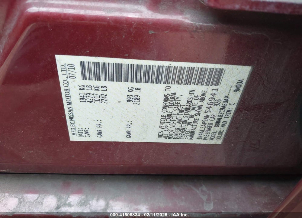 2010 NISSAN ALTIMA VIN: 1N4AL2AP9AN546941