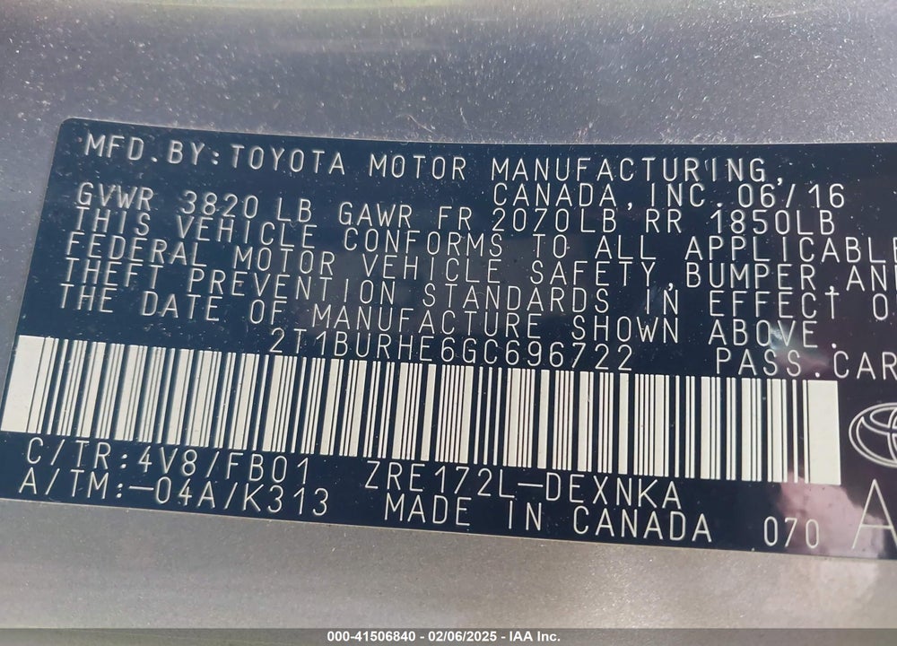 2016 TOYOTA COROLLA VIN: 2T1BURHE6GC696722