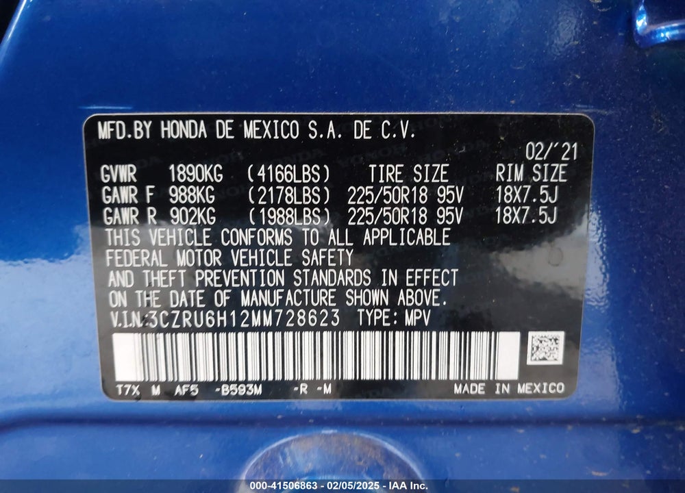 2021 HONDA HR-V AWD SPORT VIN: 3CZRU6H12MM728623