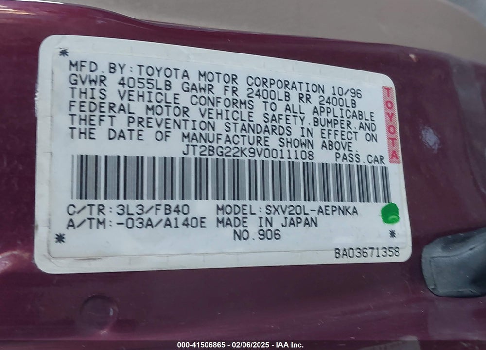 1997 TOYOTA CAMRY VIN: JT2BG22K9V0011108