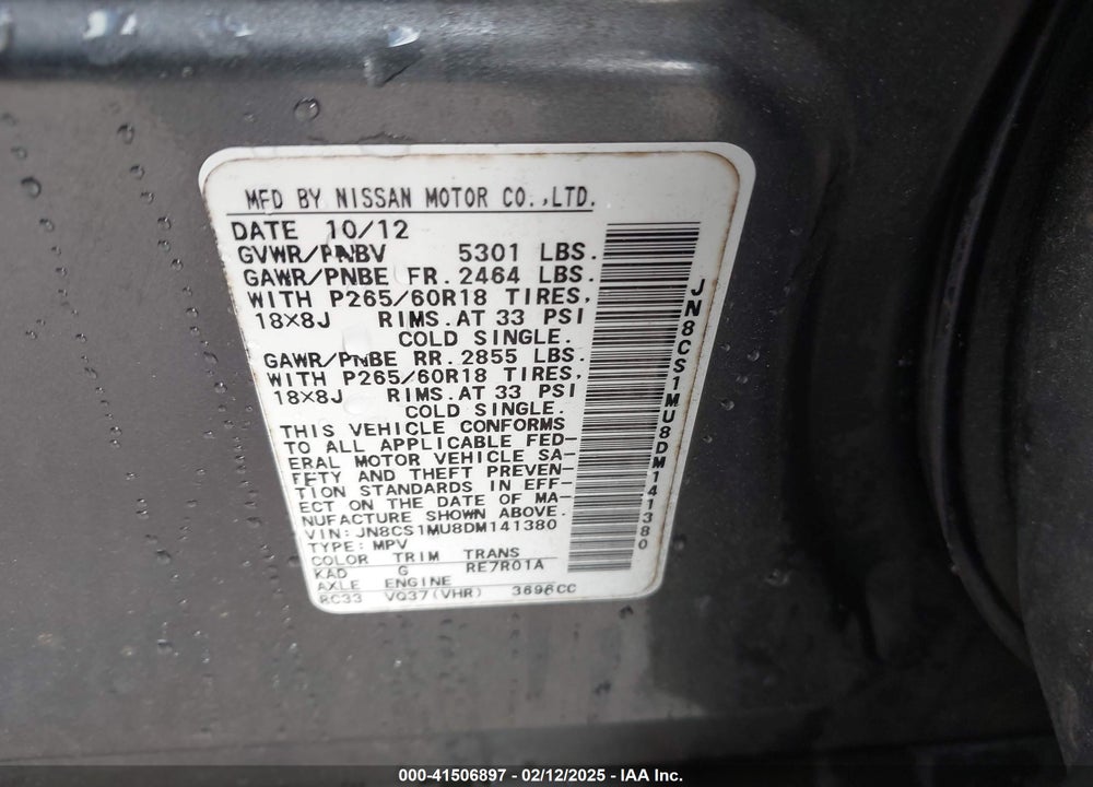 2013 INFINITI FX37 VIN: JN8CS1MU8DM141380