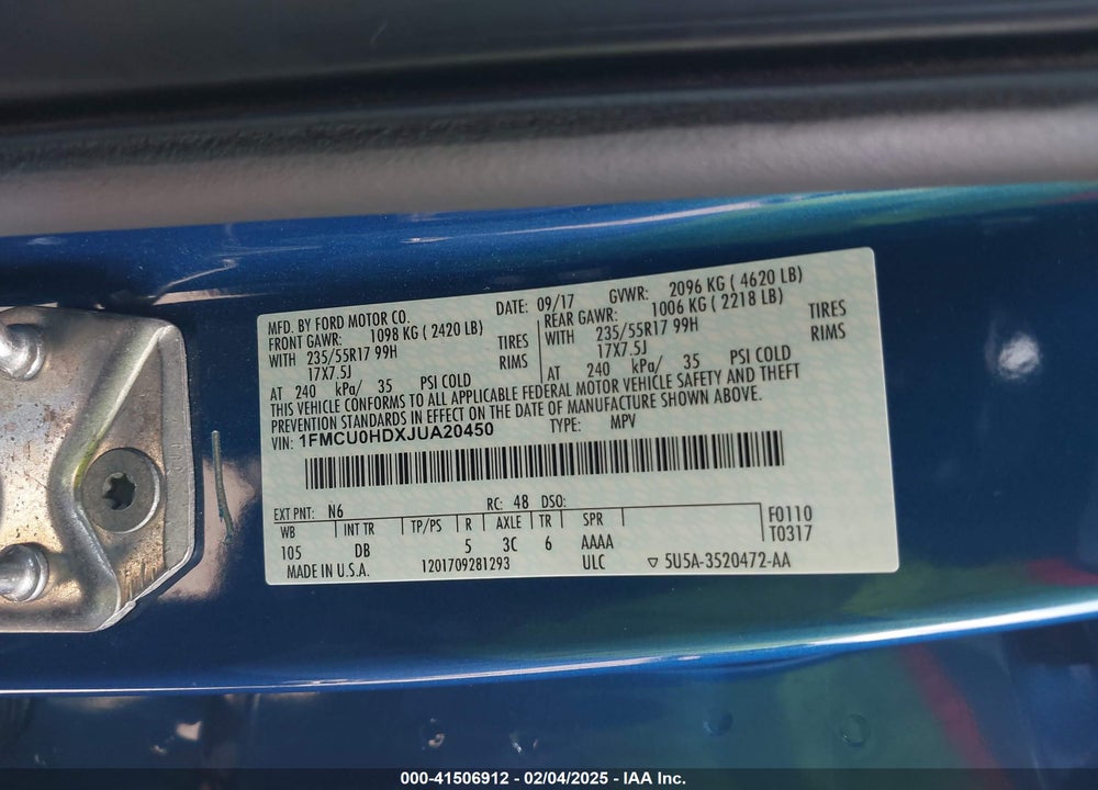 2018 FORD ESCAPE SEL VIN: 1FMCU0HDXJUA20450