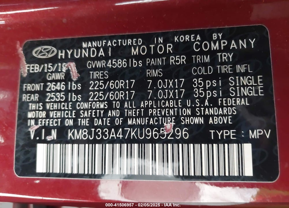 2019 HYUNDAI TUCSON VALUE VIN: KM8J33A47KU965296