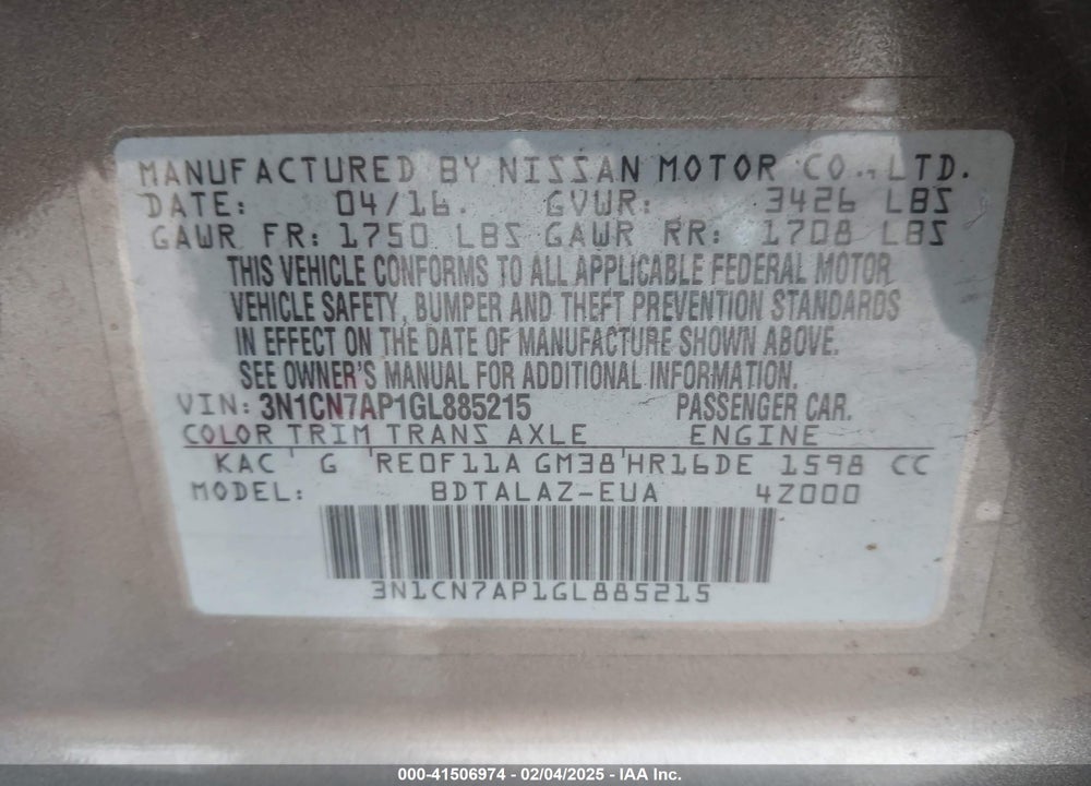 2016 NISSAN VERSA VIN: 3N1CN7AP1GL885215