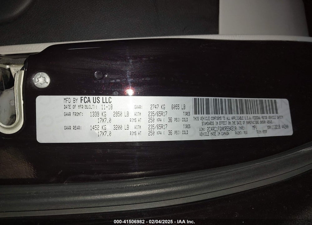 2019 CHRYSLER PACIFICA TOURING PLUS VIN: 2C4RC1FGXKR594310