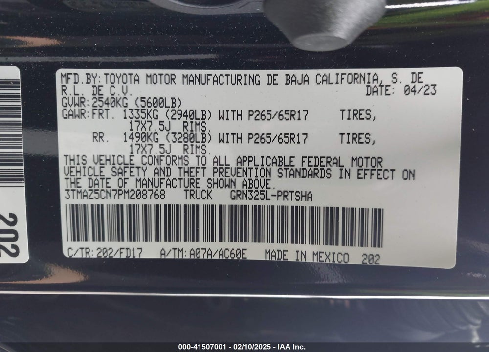 2023 TOYOTA TACOMA VIN: 3TMAZ5CN7PM208768