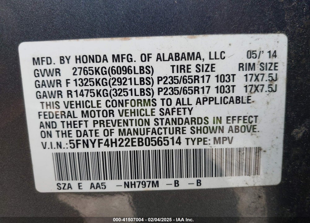 2014 HONDA PILOT VIN: 5FNYF4H22EB056514