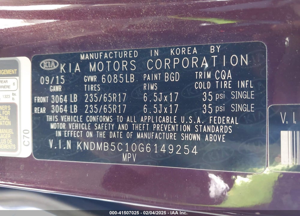 2016 KIA SEDONA VIN: KNDMB5C10G6149254