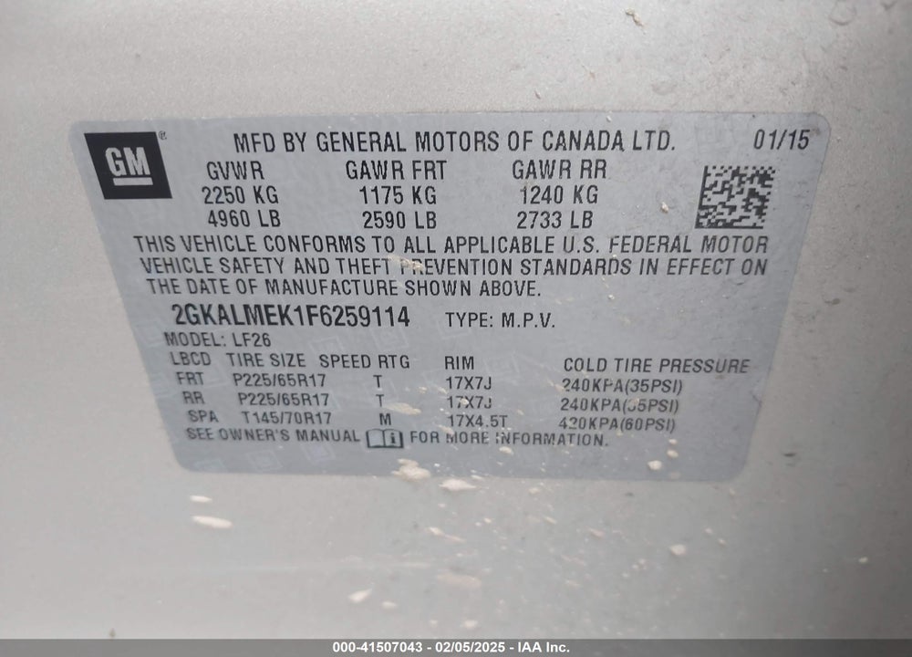 2015 GMC TERRAIN SLE-1 VIN: 2GKALMEK1F6259114