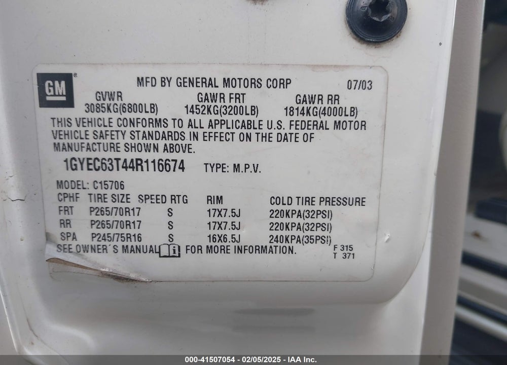 2004 CADILLAC ESCALADE STANDARD VIN: 1GYEC63T44R116674