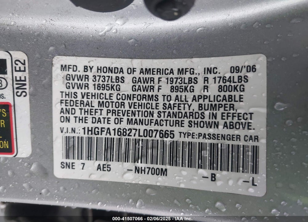2007 HONDA CIVIC EX VIN: 1HGFA16827L007665