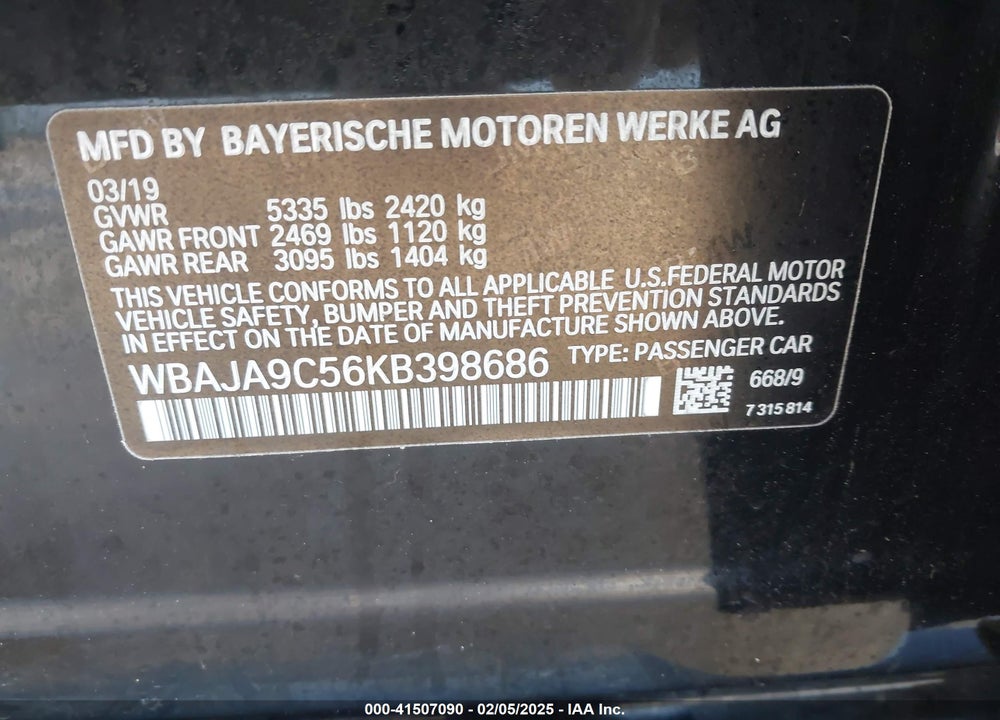 2019 BMW 530E VIN: WBAJA9C56KB398686