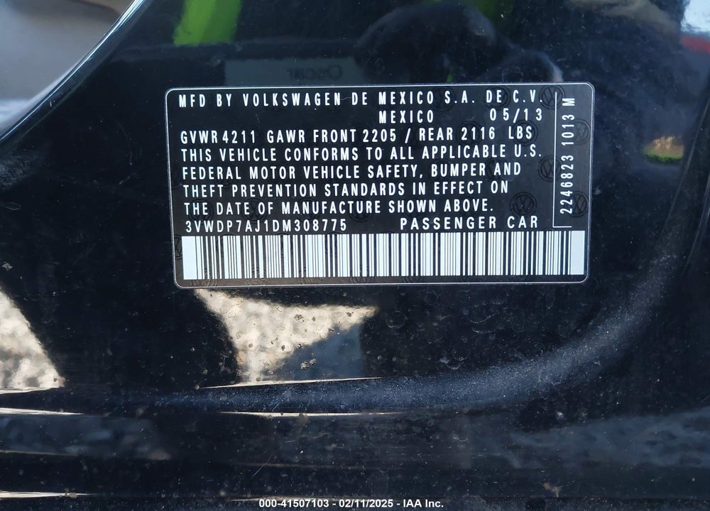 2013 VOLKSWAGEN JETTA VIN: 3VWDP7AJ1DM308775
