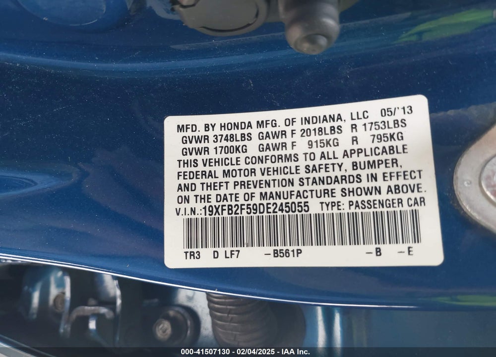 2013 HONDA CIVIC LX VIN: 19XFB2F59DE245055