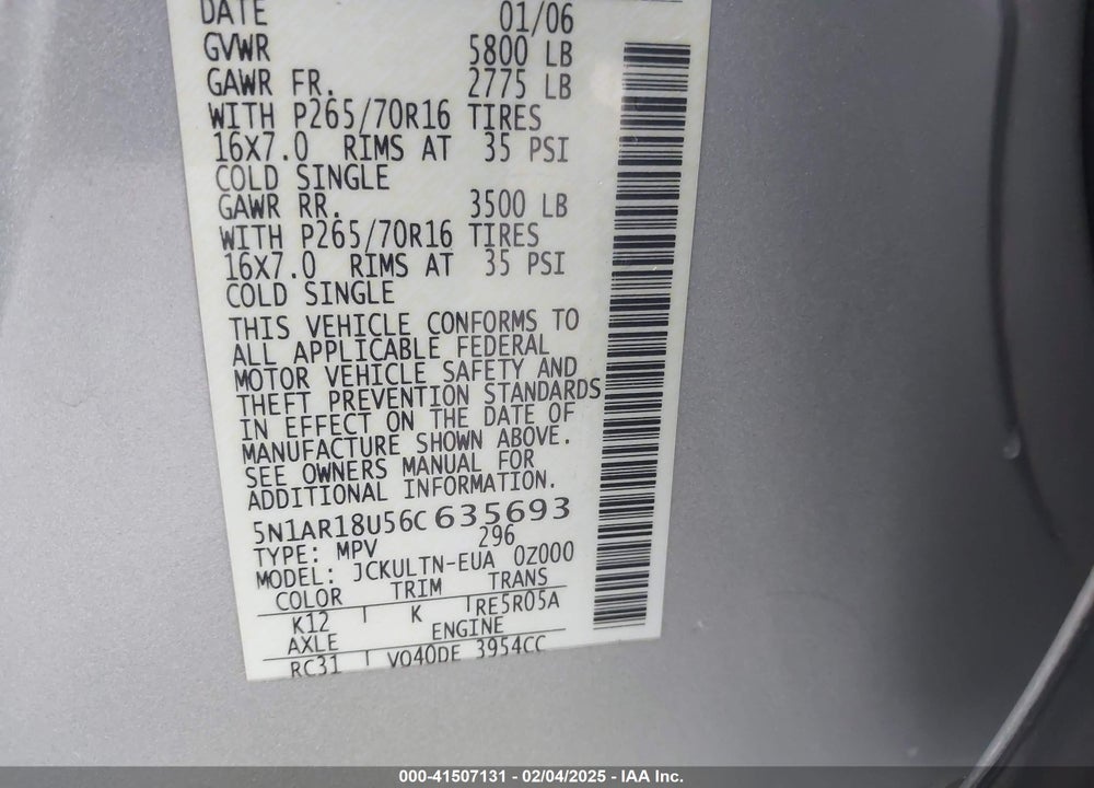 2006 NISSAN PATHFINDER SE VIN: 5N1AR18U56C635693