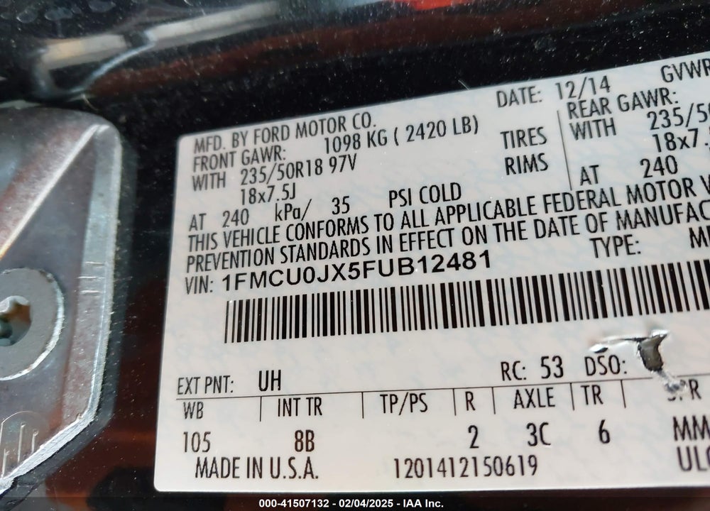 2015 FORD ESCAPE VIN: 1FMCU0JX5FUB12481