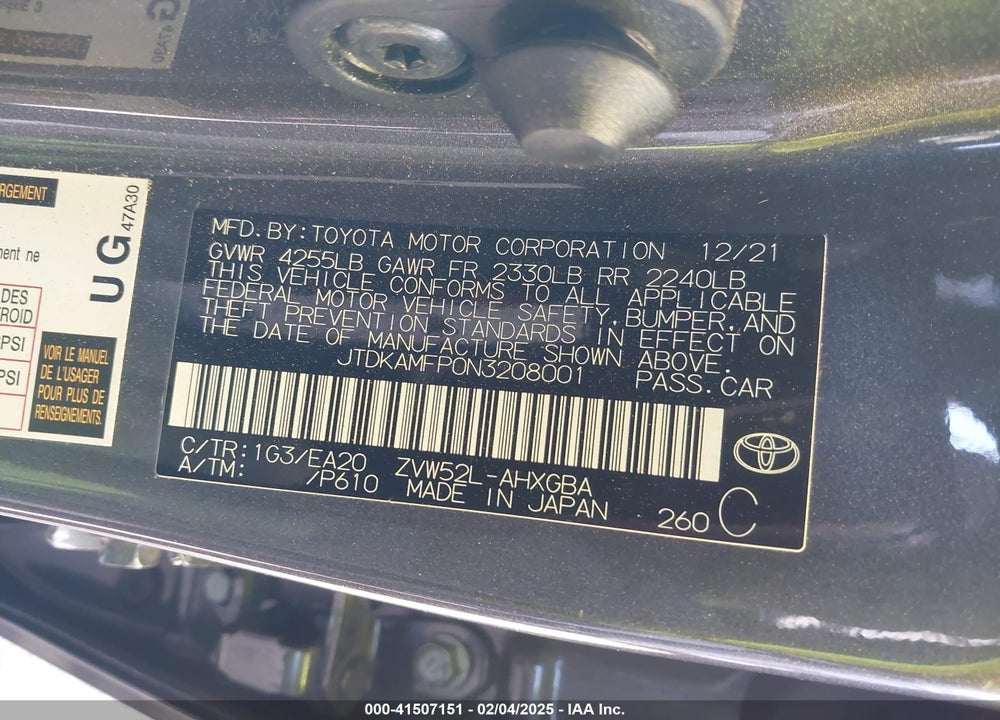 2022 TOYOTA PRIUS PRIME VIN: JTDKAMFP0N3208001