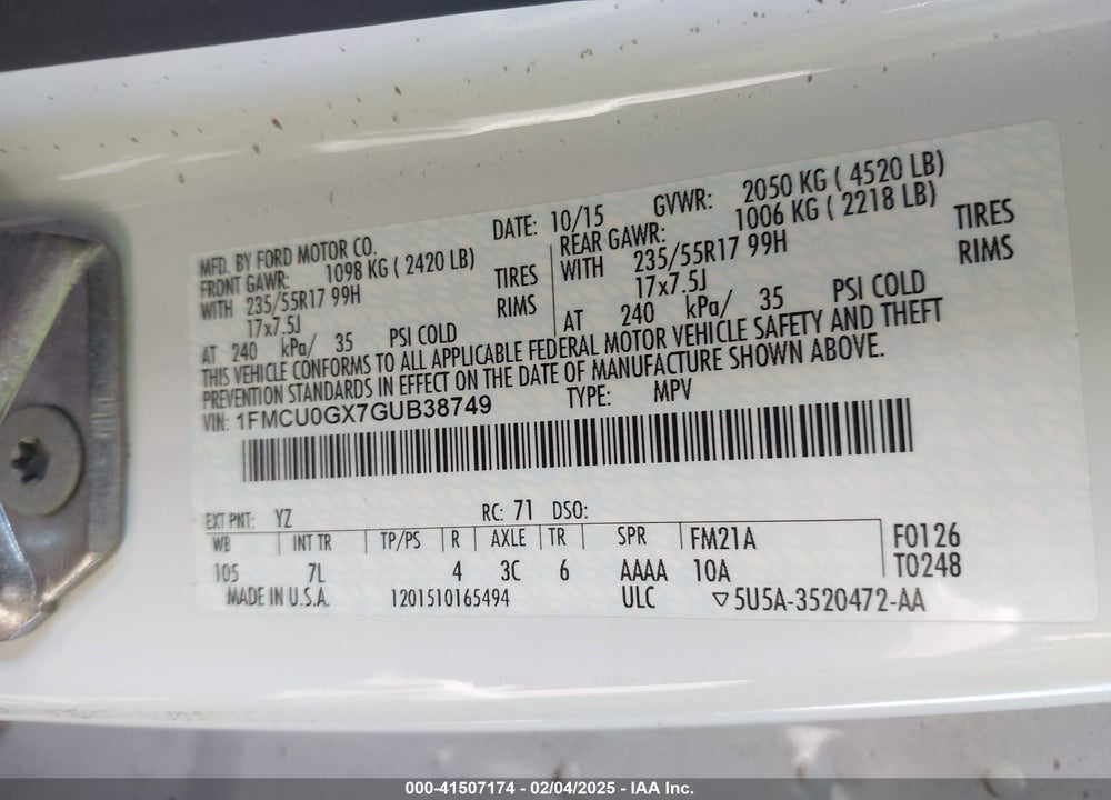 2016 FORD ESCAPE SE VIN: 1FMCU0GX7GUB38749