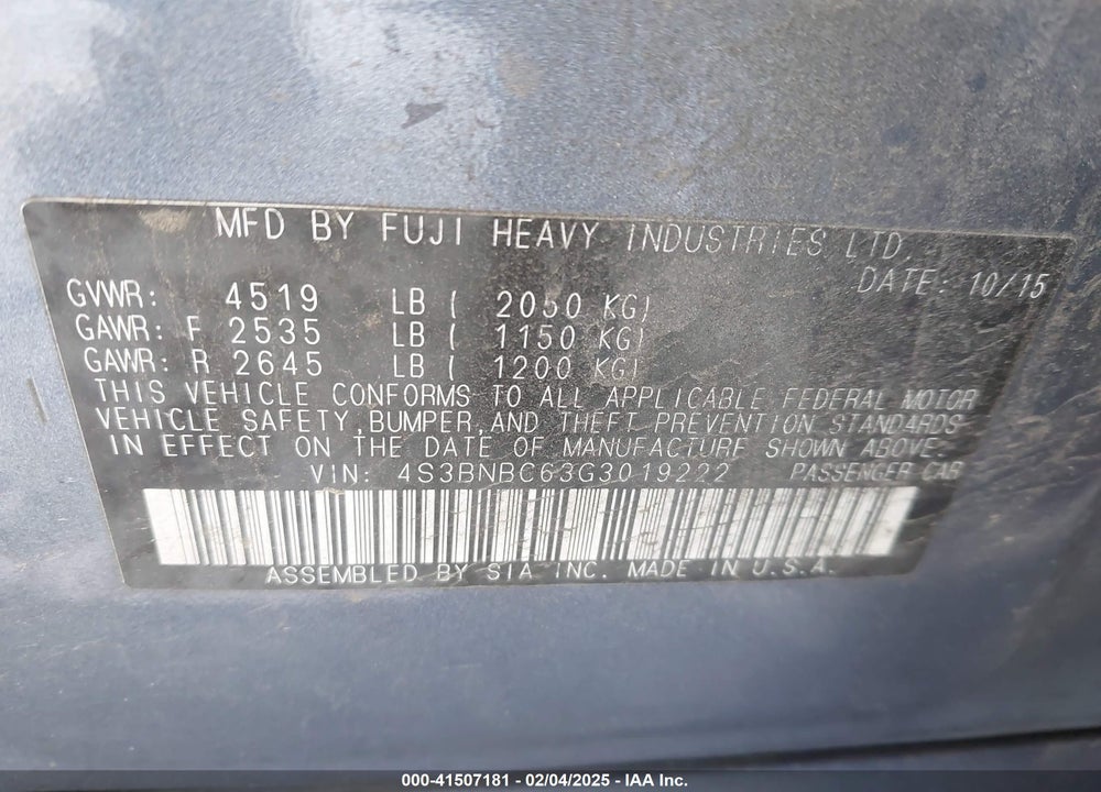 2016 SUBARU LEGACY VIN: 4S3BNBC63G3019222