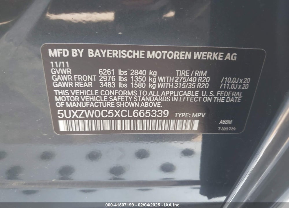 2012 BMW X5 XDRIVE35D VIN: 5UXZW0C5XCL665339