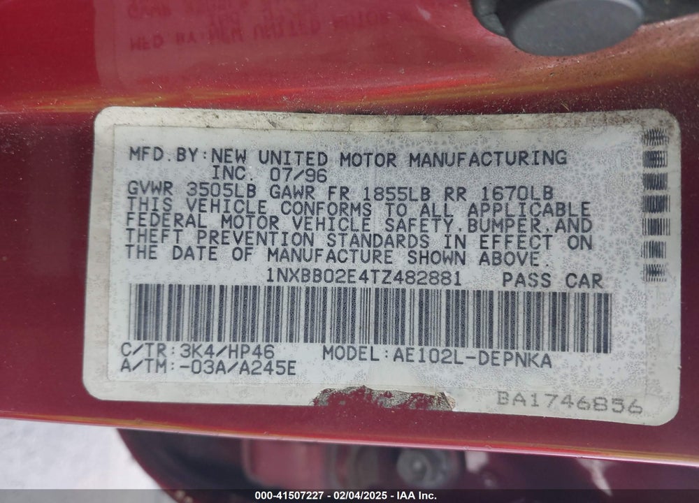 1996 TOYOTA COROLLA DX VIN: 1NXBB02E4TZ482881