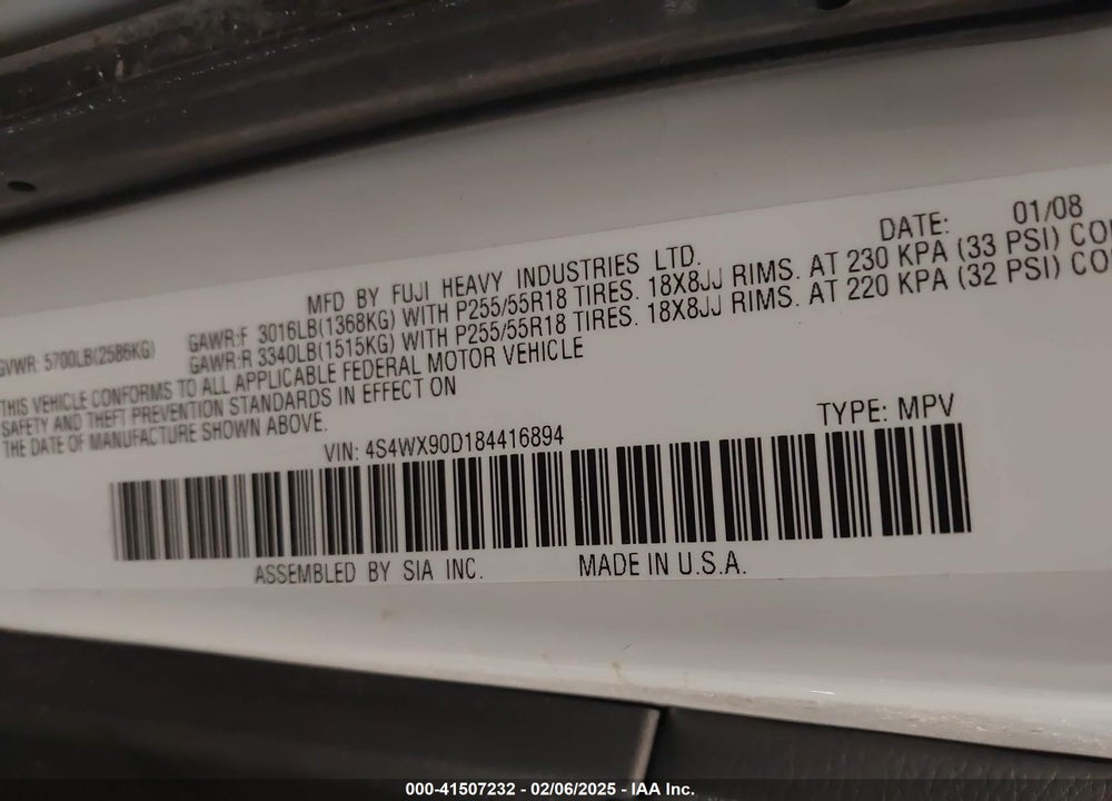 2008 SUBARU TRIBECA LIMITED 7-PASSENGER VIN: 4S4WX90D184416894