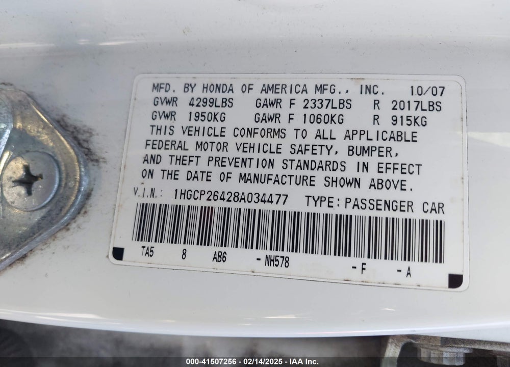 2008 HONDA ACCORD VIN: 1HGCP26428A034477