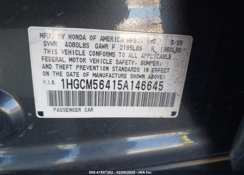 2005 HONDA ACCORD 2.4 LX VIN: 1HGCM56415A146645