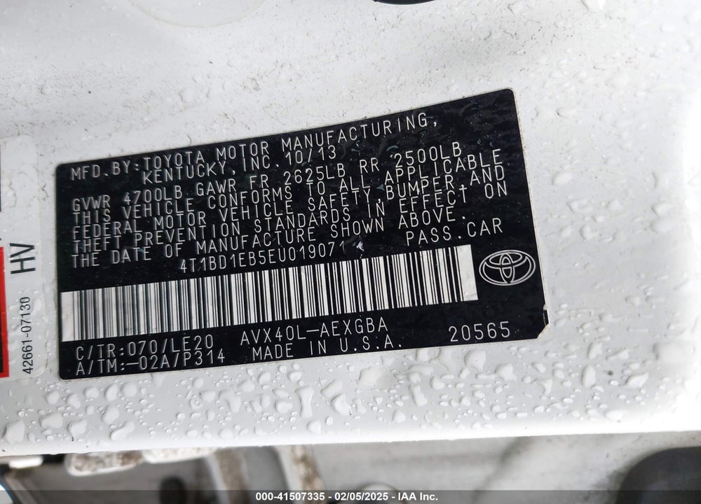 2014 TOYOTA AVALON HYBRID VIN: 4T1BD1EB5EU019071