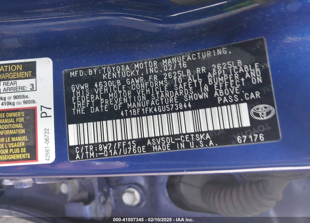 2016 TOYOTA CAMRY SE VIN: 4T1BF1FK4GU573844