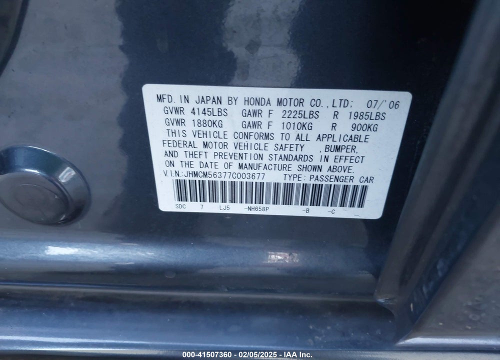 2007 HONDA ACCORD 2.4 SE VIN: JHMCM56377C003677