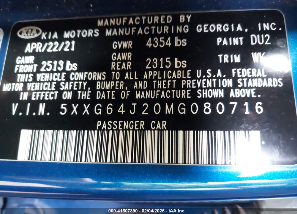 2021 KIA K5 VIN: 5XXG64J20MG080716