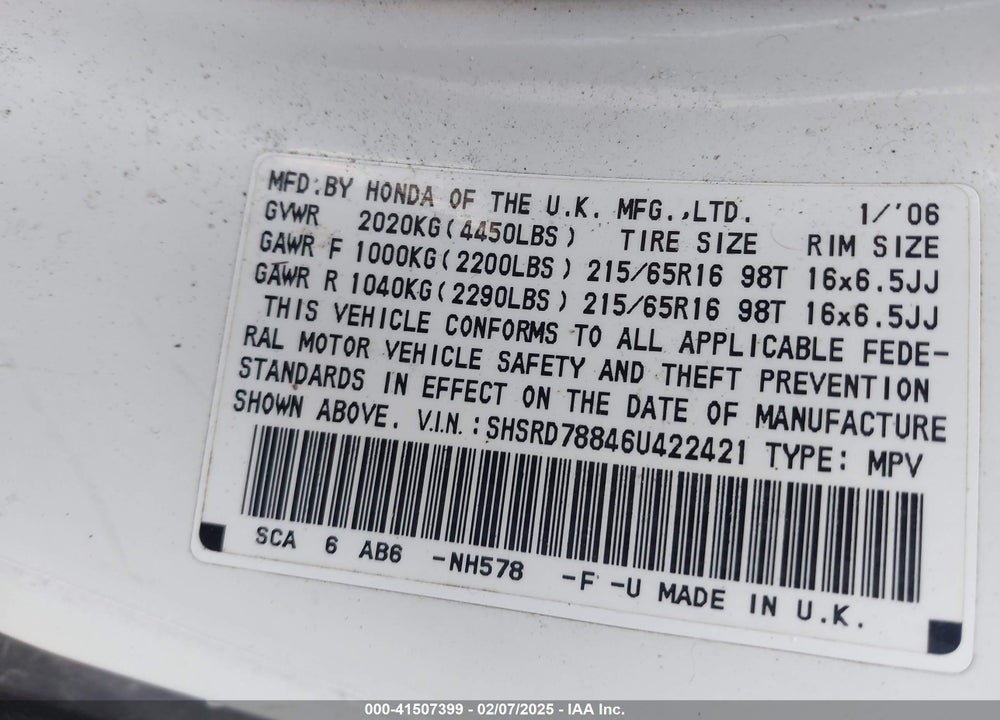 2006 HONDA CR-V VIN: SHSRD78846U422421