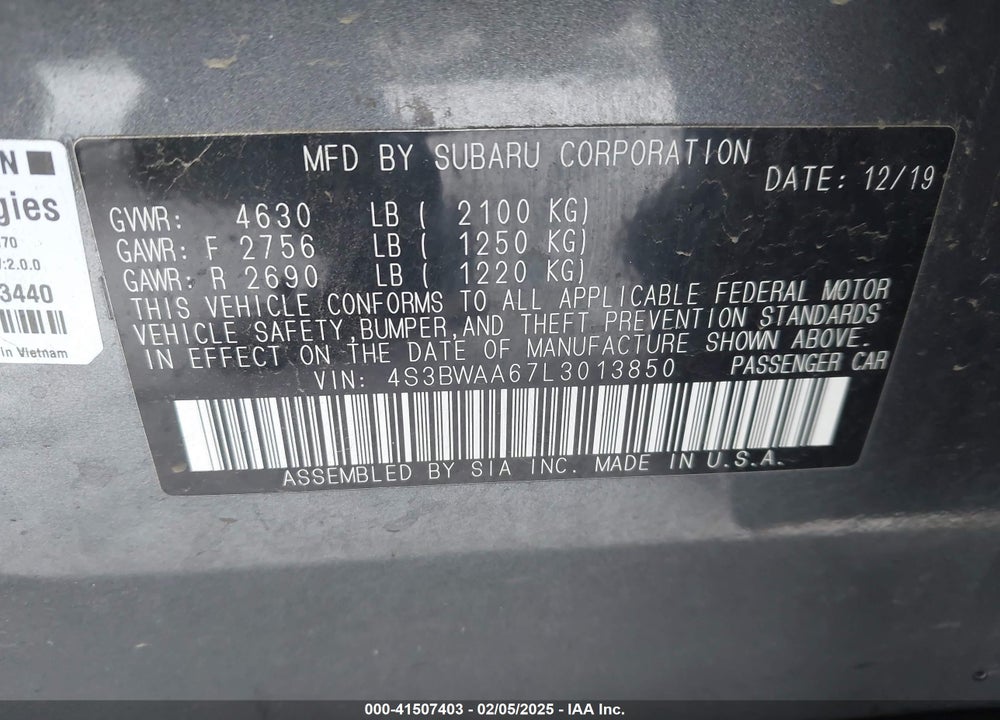 2020 SUBARU LEGACY VIN: 4S3BWAA67L3013850